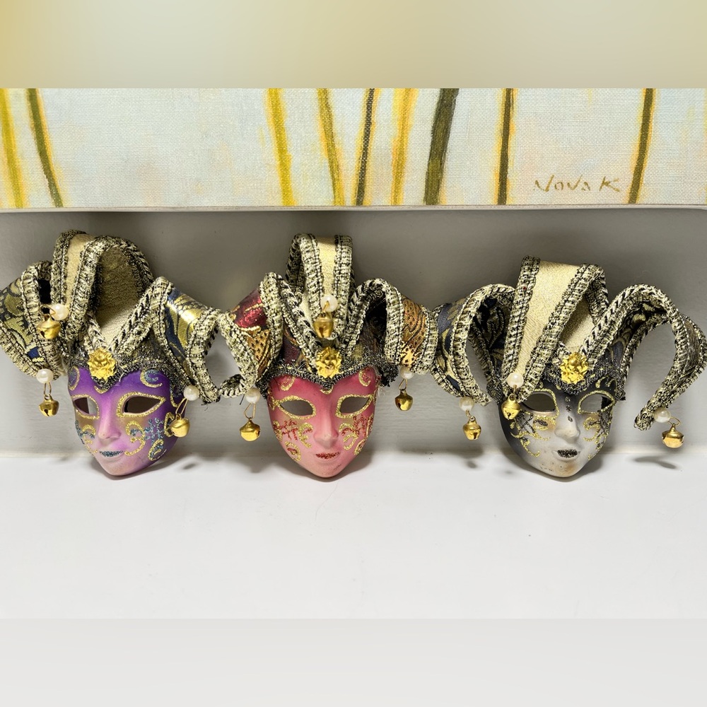 Vintage Venetian Jesters Masks Set of Three Home Decor Art